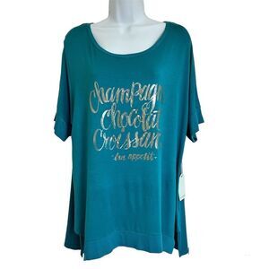 Dept 222 Women Top Tee Shirt Teal Silver Graphic Short Sleeves Size L‎